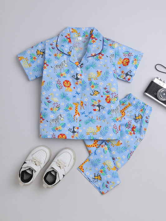 Half Sleeves Animal Printed Night Suit Set Blue-nsb