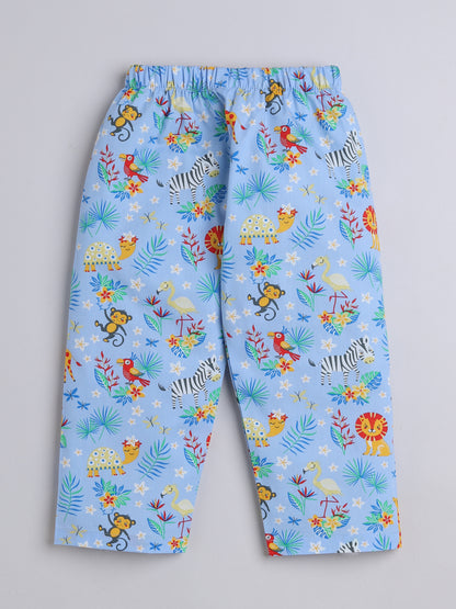 Half Sleeves Animal Printed Night Suit Set Blue-nsb