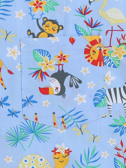 Half Sleeves Animal Printed Night Suit Set Blue-nsb