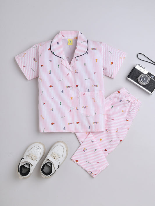 Half Sleeves Sports Printed Night Suit Set Pink