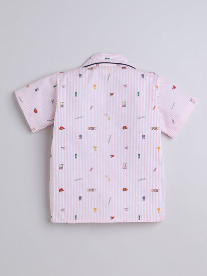Half Sleeves Sports Printed Night Suit Set Pink
