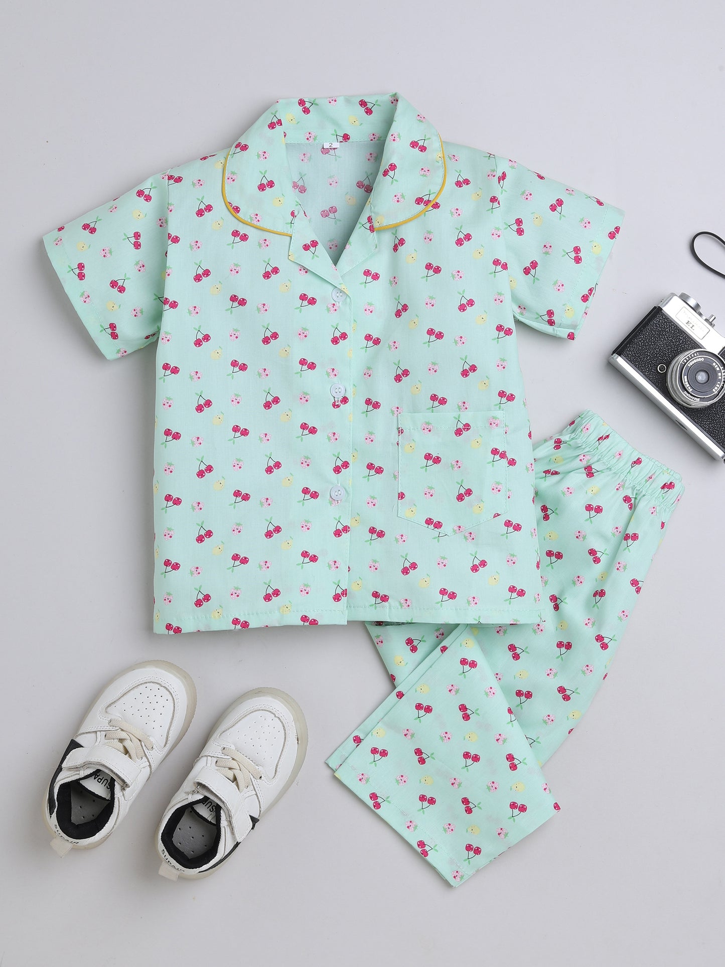 Half Sleeves Cherry Printed Night Suit Set Blue