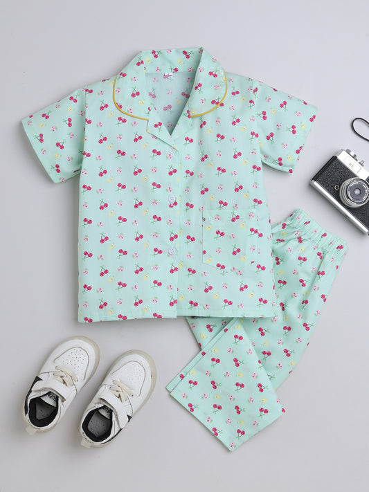 Half Sleeves Cherry Printed Night Suit Set Blue