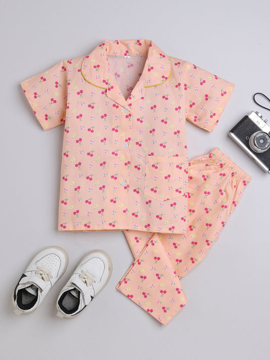 Half Sleeves Cherry Printed Night Suit Set Peach
