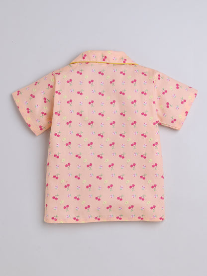 Half Sleeves Cherry Printed Night Suit Set Peach