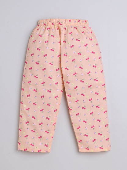 Half Sleeves Cherry Printed Night Suit Set Peach