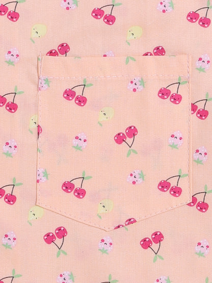 Half Sleeves Cherry Printed Night Suit Set Peach
