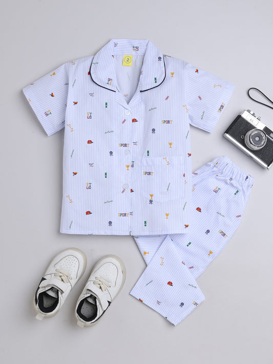 Half Sleeves Sports Printed Night Suit Set Blue