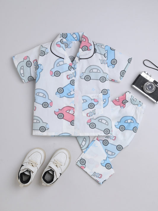 Half  Sleeves Car Printed Night Suit Set White