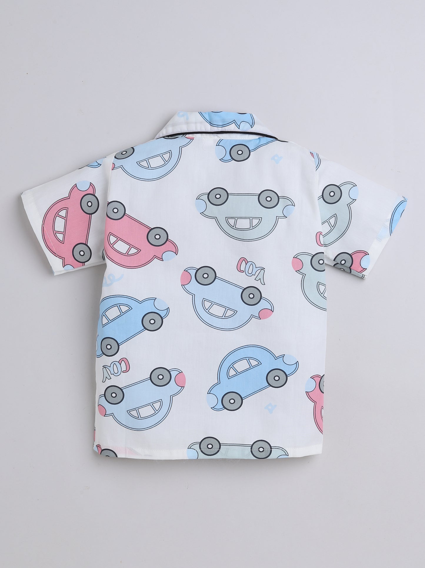 Half  Sleeves Car Printed Night Suit Set White
