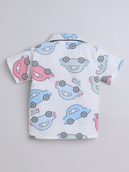 Half  Sleeves Car Printed Night Suit Set White