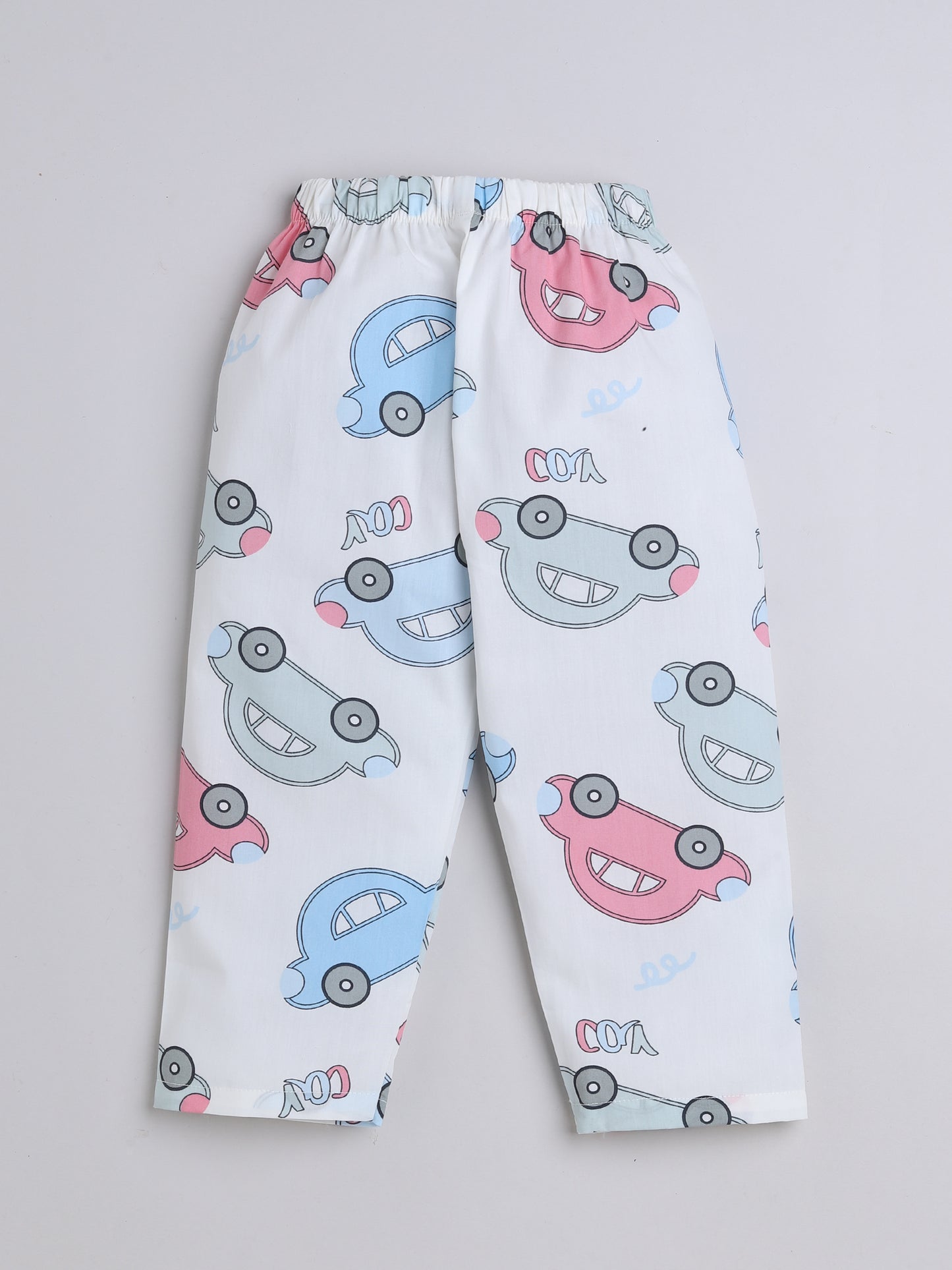 Half  Sleeves Car Printed Night Suit Set White