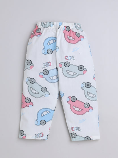 Half  Sleeves Car Printed Night Suit Set White