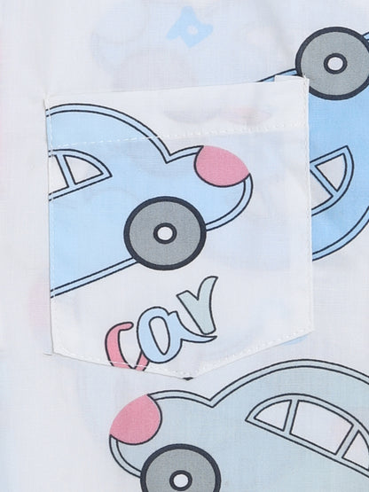 Half  Sleeves Car Printed Night Suit Set White