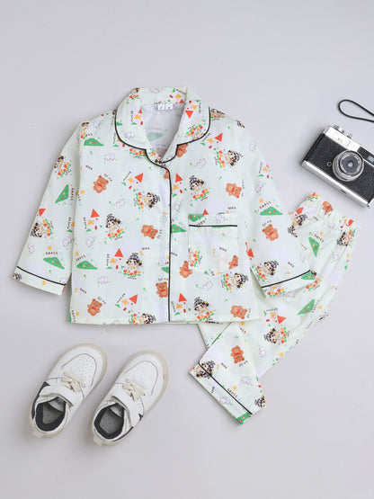 3/4 Sleeves Teddy Printed Night Suit Set Green