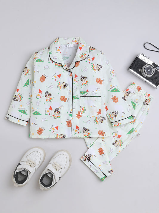 3/4 Sleeves Teddy Printed Night Suit Set Green