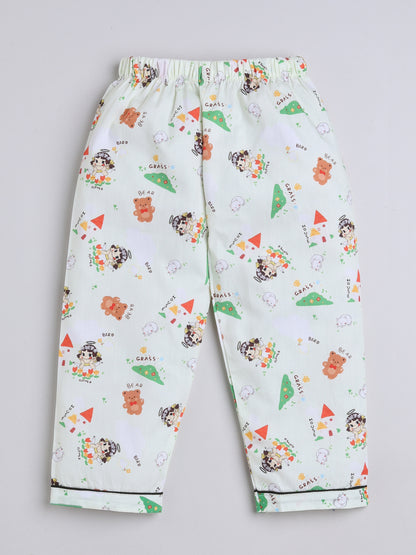 3/4 Sleeves Teddy Printed Night Suit Set Green