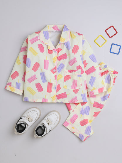 3/4 Sleeves Candy Printed Night Suit Set Off White