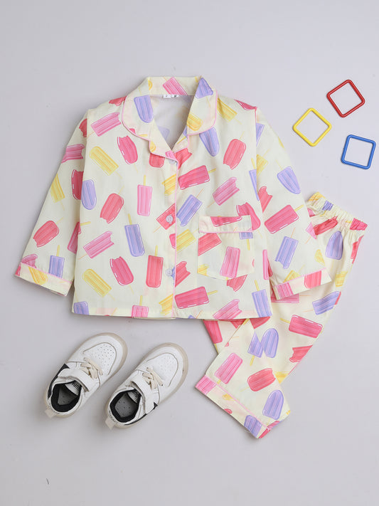 3/4 Sleeves Candy Printed Night Suit Set Off White