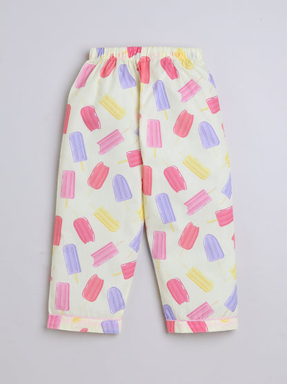 3/4 Sleeves Candy Printed Night Suit Set Off White