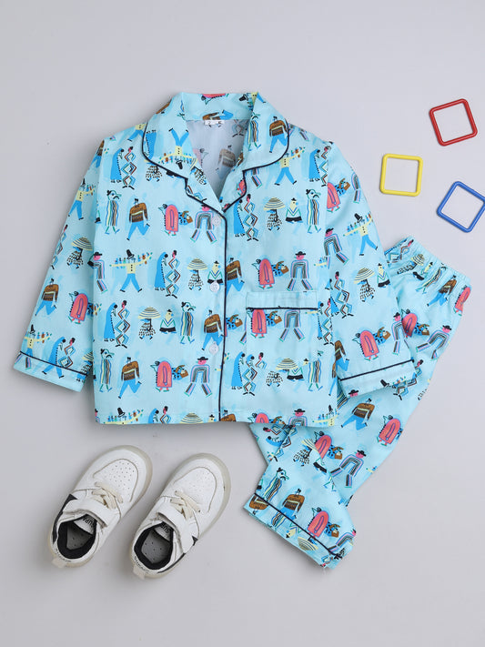 3/4 Human Printed Night Suit Set Blue
