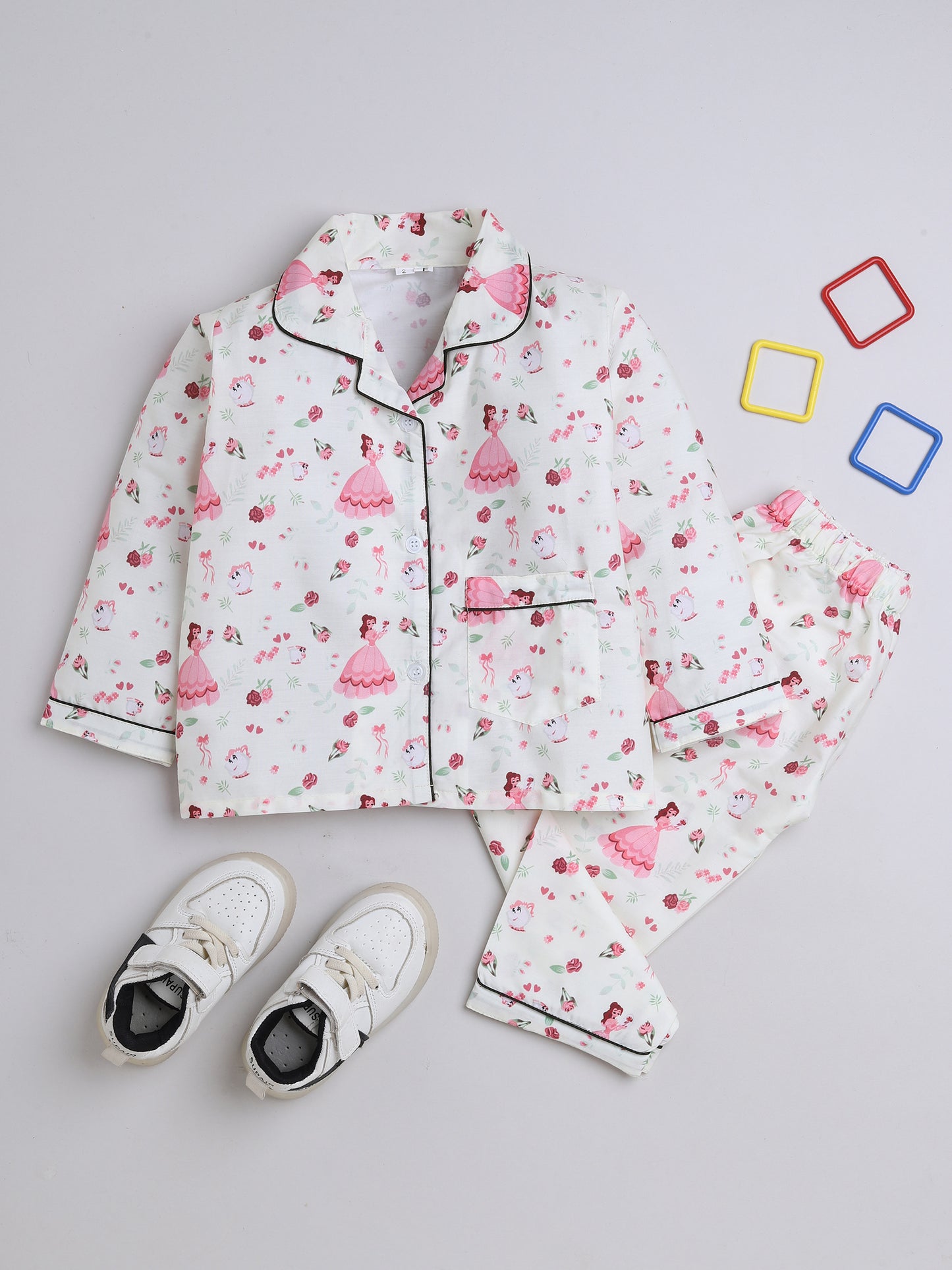3/4 Sleeves Queen Printed Night Suit Set White