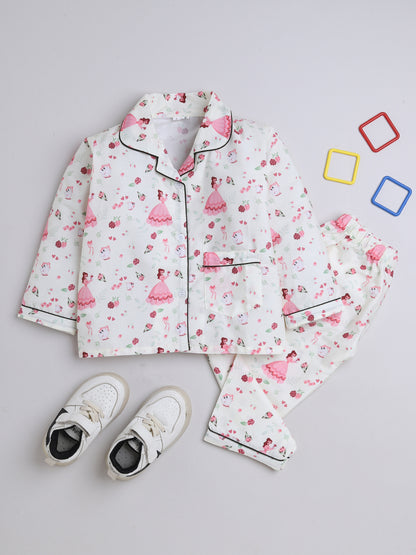 3/4 Sleeves Queen Printed Night Suit Set White