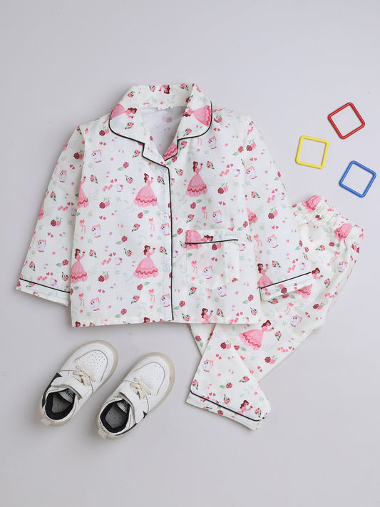 3/4 Sleeves Queen Printed Night Suit Set White