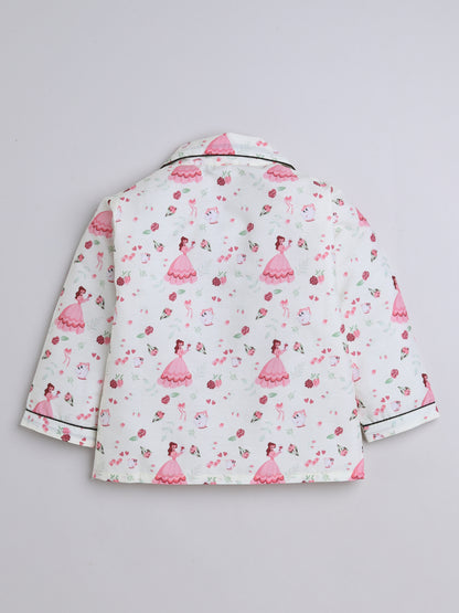 3/4 Sleeves Queen Printed Night Suit Set White