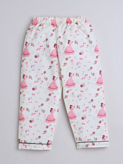 3/4 Sleeves Queen Printed Night Suit Set White