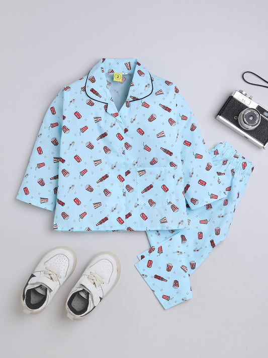 3/4 Sleeves Popcorn Print Night Suit Set Blue