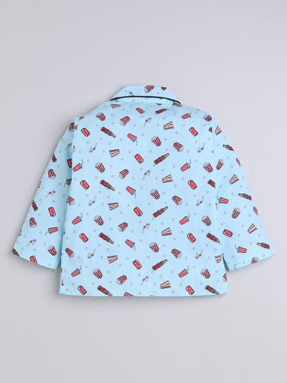 3/4 Sleeves Popcorn Print Night Suit Set Blue