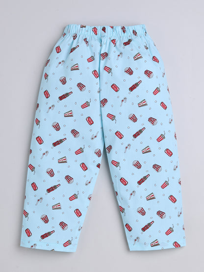 3/4 Sleeves Popcorn Print Night Suit Set Blue