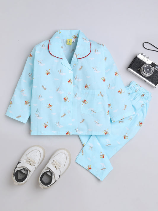 Half Sleeves Airoplane Printed Night Suit Set Blue