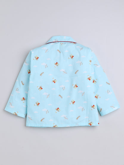 Half Sleeves Airoplane Printed Night Suit Set Blue
