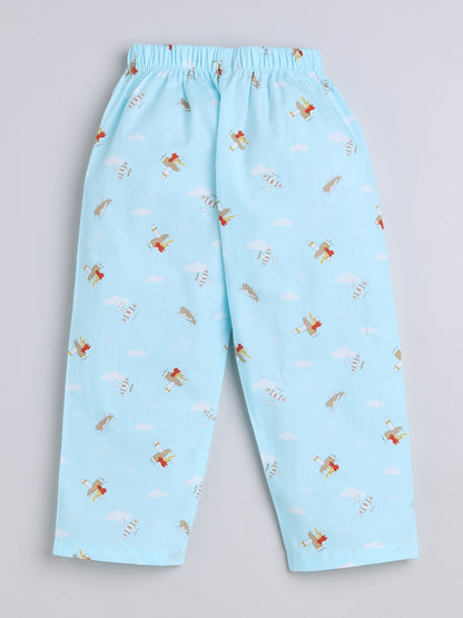 Half Sleeves Airoplane Printed Night Suit Set Blue