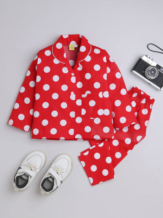 The Magic Wand Half Sleeves Polka Dot  Print Night Suit Set Red
