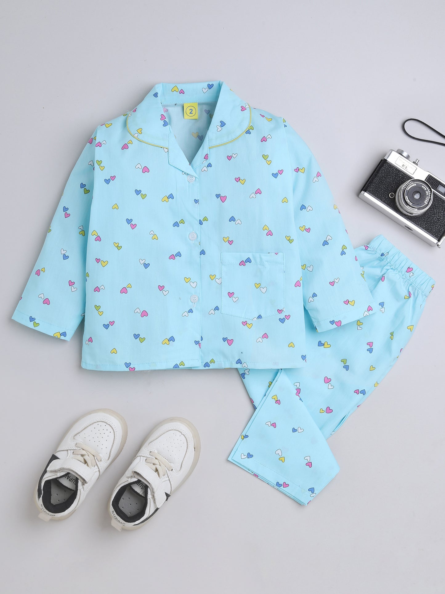 Half Sleeves Heart Shaped Print Night Suit Set Blue