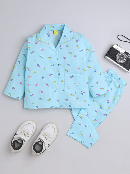 Half Sleeves Heart Shaped Print Night Suit Set Blue