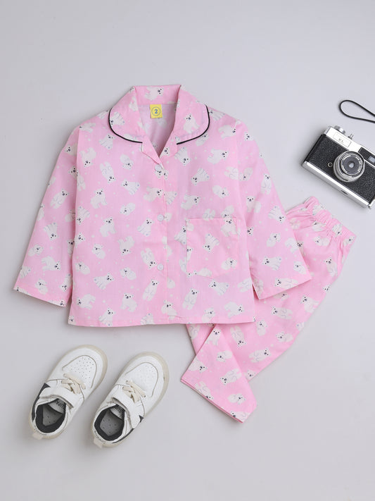Half Sleeves Puppy Printed Night Suit Set Pink