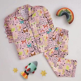 The Magic Wand Cotton Woven Full Sleeves Butterfly Printed Coordinating Night Suit Set -Peach