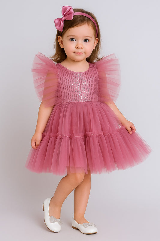 The Magic Wand Flutter Sleeves Shimmer Party Dress Onion Pink