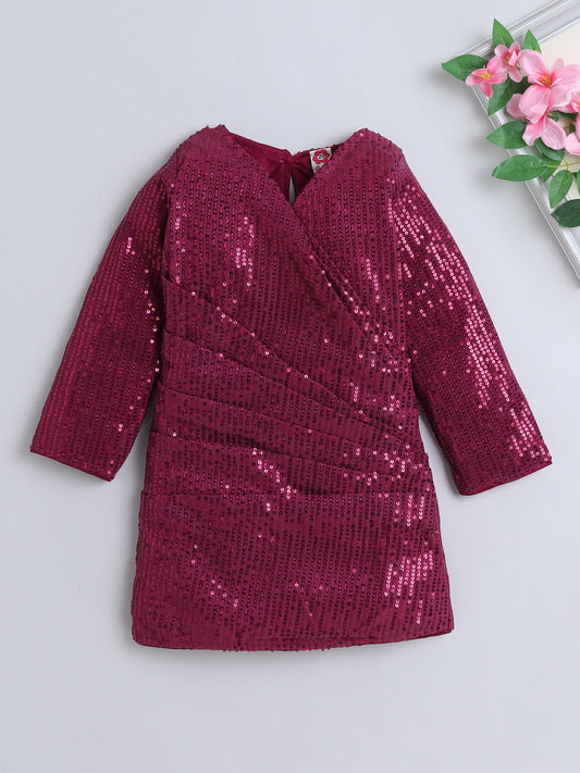 Three Fourth Sleeves Sequins Embellished Dress - Wine