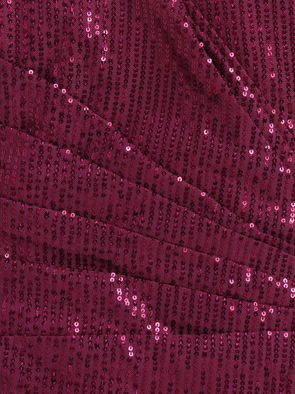Three Fourth Sleeves Sequins Embellished Dress - Wine