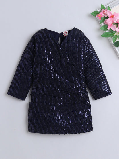 Three Fourth Sleeves Sequins Embellished Dress - Navy Blue
