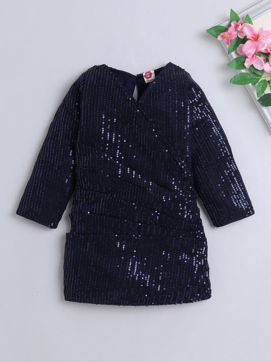 Three Fourth Sleeves Sequins Embellished Dress - Navy Blue