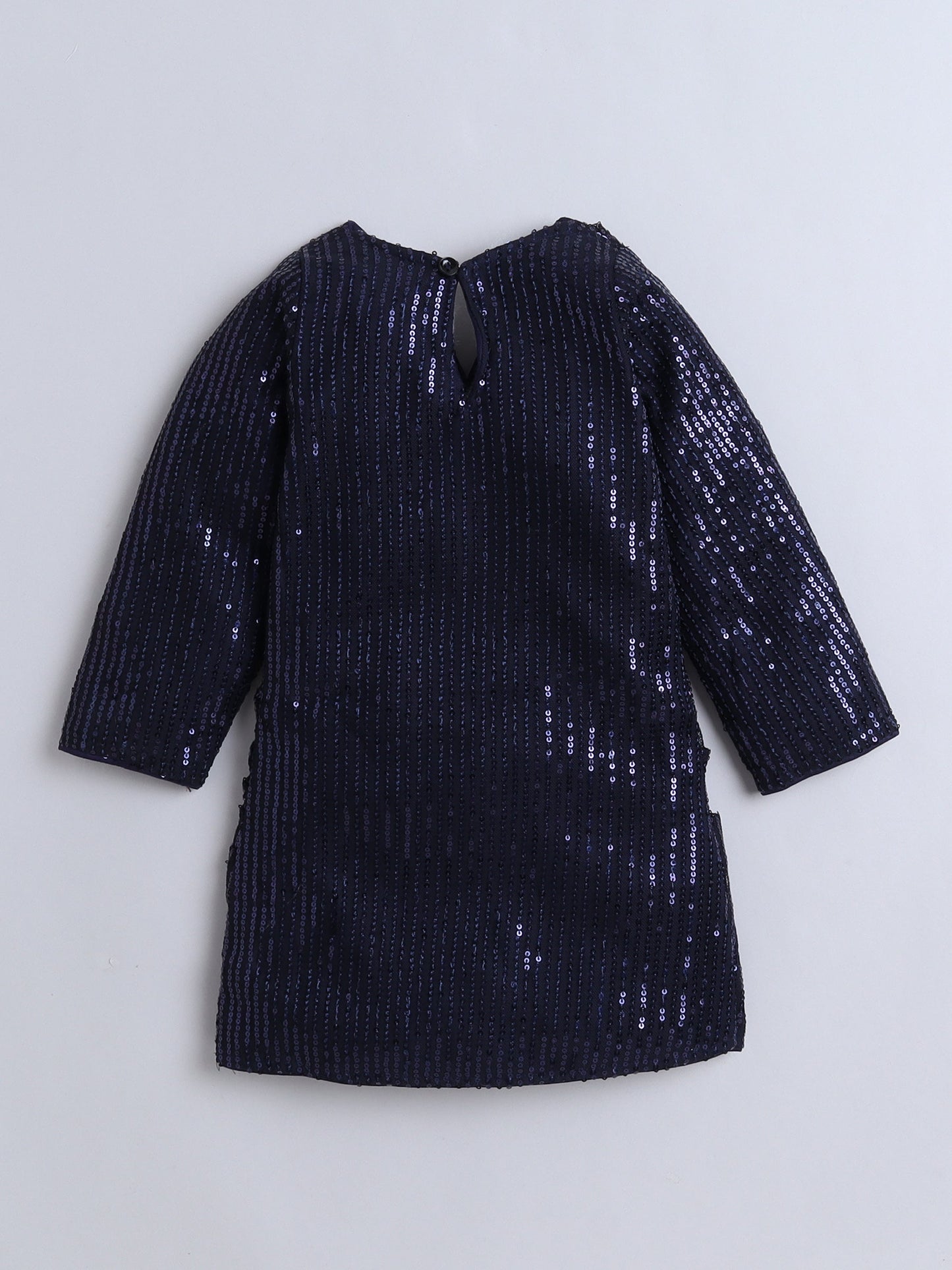 Three Fourth Sleeves Sequins Embellished Dress - Navy Blue