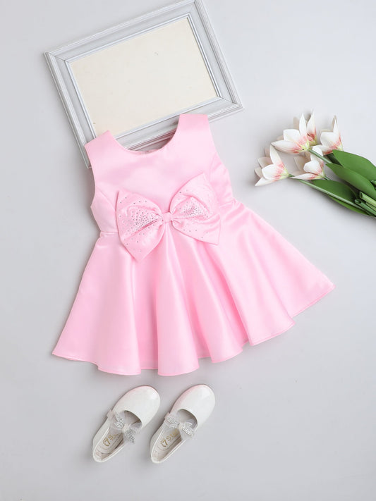The Magic Wand Sleeveless Bow Embelished Fit & Flare Party Dress For Girls Baby Pink