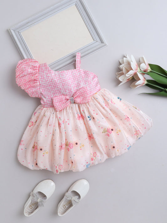 One Shoulder Bow Applique Floral Printed Dress -  Peach