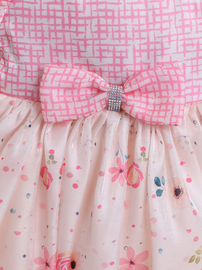 One Shoulder Bow Applique Floral Printed Dress -  Peach